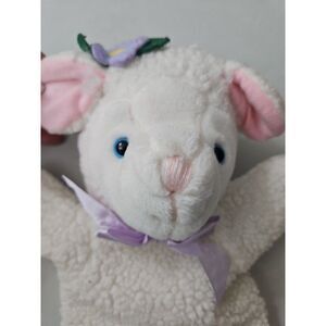 Vintage 1996 KIDS II Lamb Hand Puppet White Sherpa Sheep Lamb Purple Bow